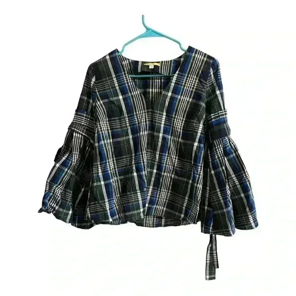 GIANNI BINI Serena Blouse Blue Checkered Bell Sleeves Sz XS NEW - Picture 5 of 8